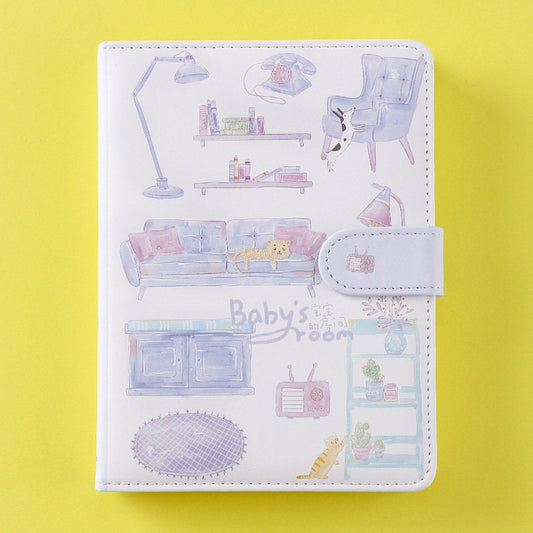 Cute Room Journal - 224 Pages Soft Leather Cover Planner- Purple and Blue A5 magnetic buckle notebooks - Bullet Journal with lines