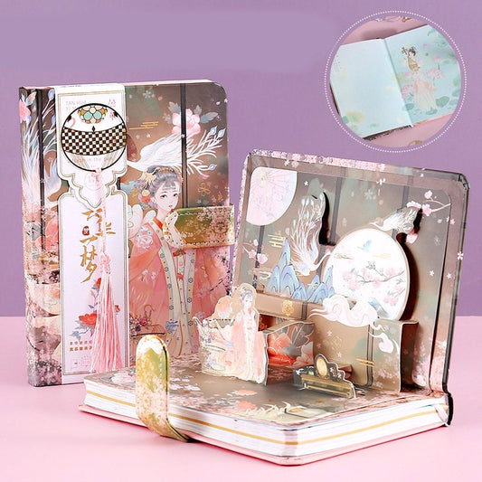 Ancient Asian Beauty Planner with Metal Bookmark and 3D Card - 224 Pages Hard Cover - A5 magnetic buckle Pink notebooks - Bullet Journal