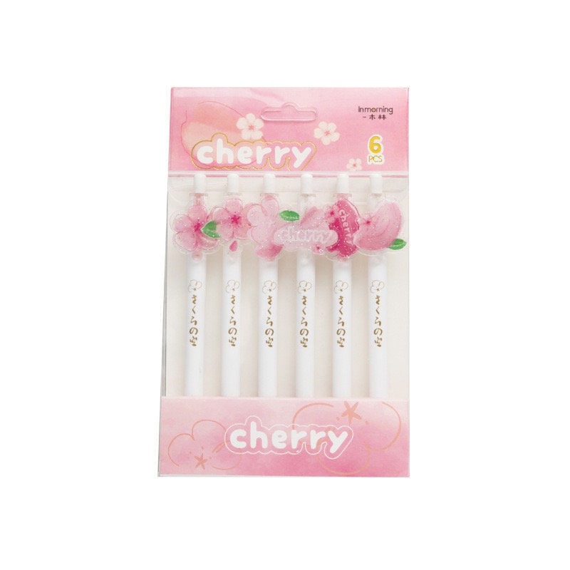 Kawaii Cherry Blossom Black Ink Gel Pen 0.5mm Micro Point - 6 Pens Set - Cute Gel Pen - Office Pen - Student Stationery Office Supplier