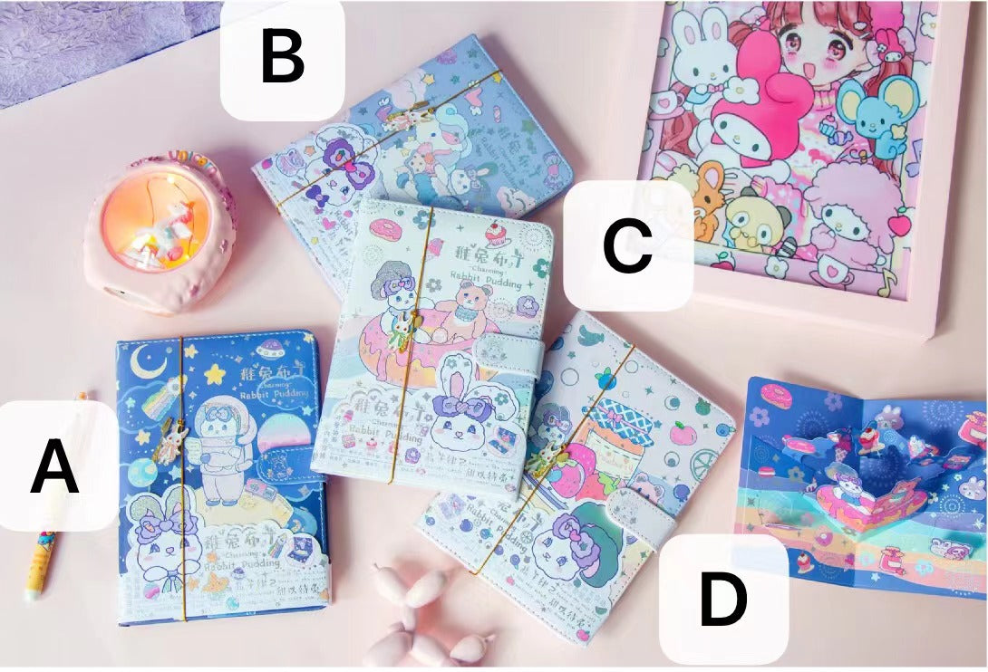 Bunny Pudding-B6 Pu Magnetic Buckle Book-Color Page Student Notebook