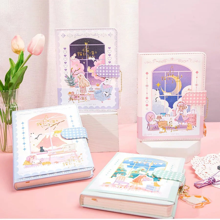 Cat Climbing Window - 36K 224 Page Magnetic Buckle Notebook - Cute Student Notebook
