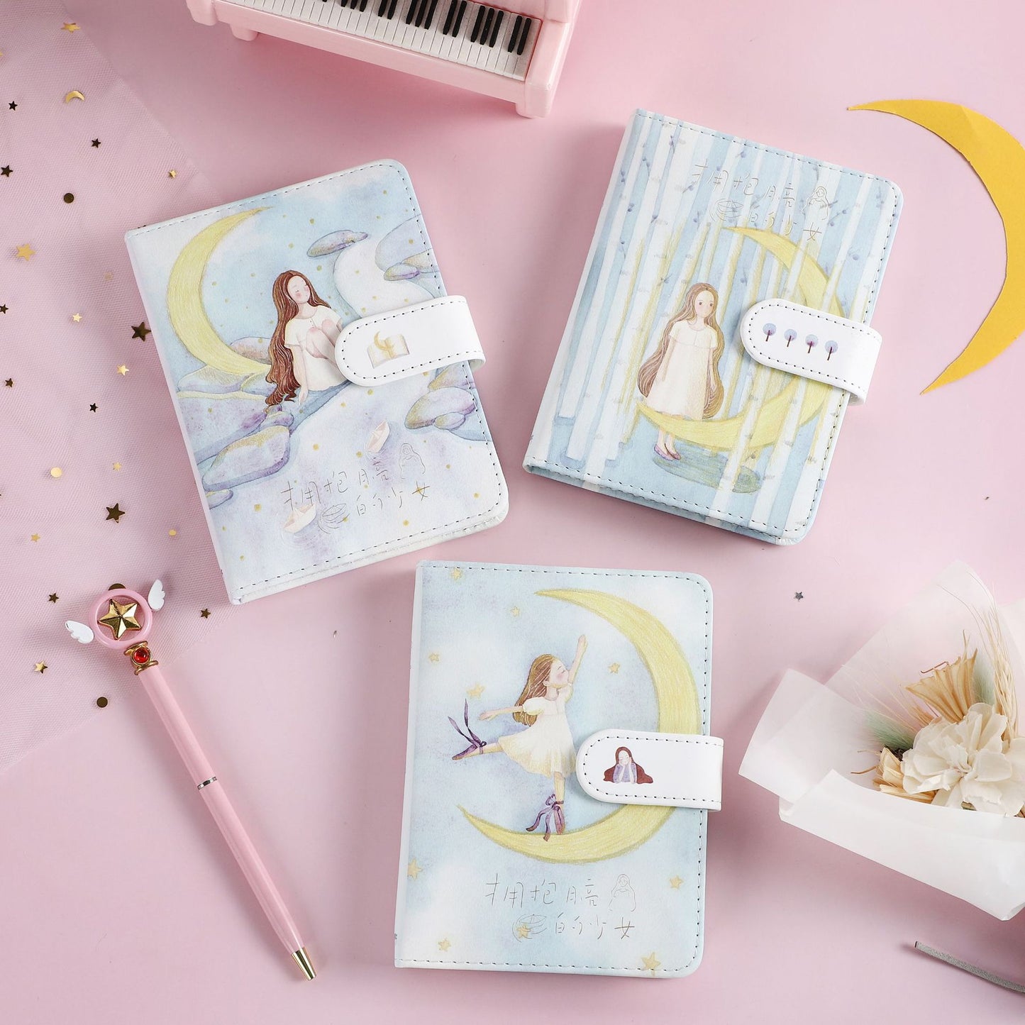 Girl Hugging The Moon -36K 224 Page Magnetic Buckle Notebook - Cute Student Notebook