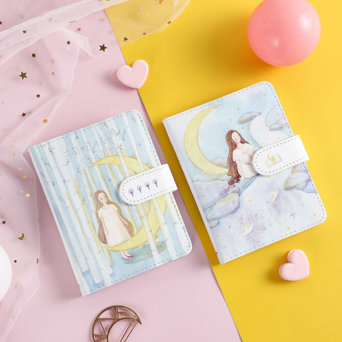 Girl Hugging The Moon -36K 224 Page Magnetic Buckle Notebook - Cute Student Notebook