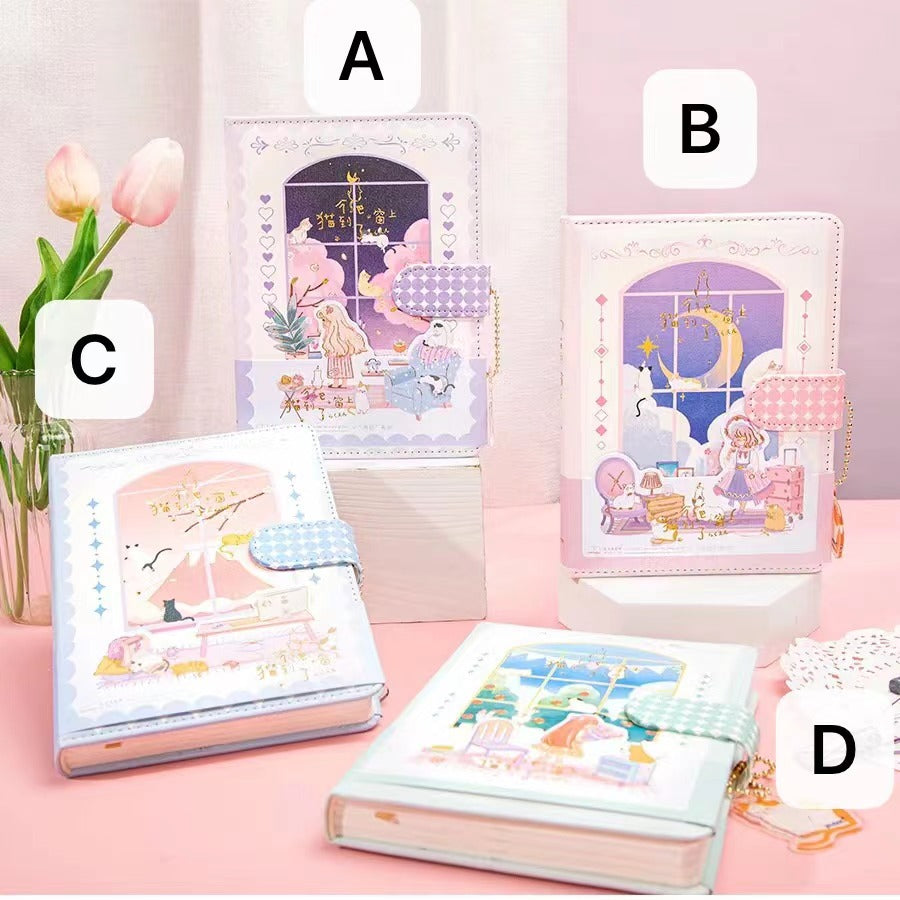 Cat Climbing Window - 36K 224 Page Magnetic Buckle Notebook - Cute Student Notebook