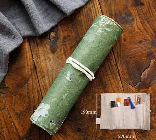 Pencil Case- Pencil Wrap Flowers - Roll up Case, Pen Pouch, Pen Wrap, Brush Holder, Artist Gifts, Flux Crafts