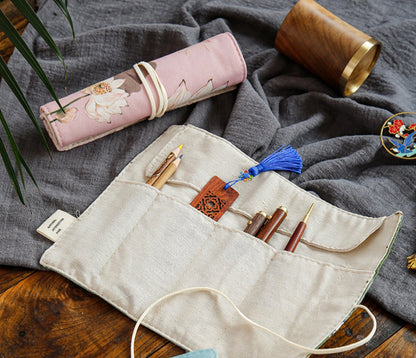 Pencil Case- Pencil Wrap Flowers - Roll up Case, Pen Pouch, Pen Wrap, Brush Holder, Artist Gifts, Flux Crafts