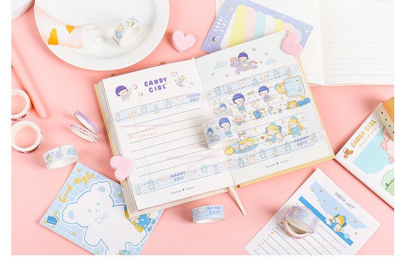 Blue Candy Girl Washi Tape Set 10 Rolls 2meters , Various Widths Orange Masking Tape , Planner Tape Gift Wrap , Journal DIY Tape, Stationery