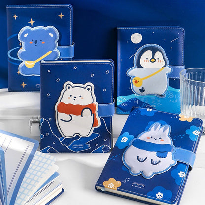 Cute Animal Notebook - Soft Leather Cover - A5 magnetic buckle Blue notebooks  - Bullet Journal - no lines no dots - Colorful page notebook