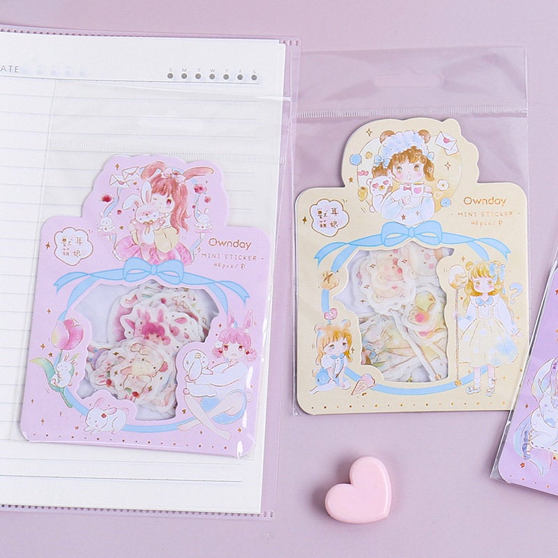 48 Cute Cat Girl with Gold Foil Stickers Set