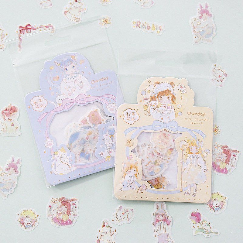 48 Cute Cat Girl with Gold Foil Stickers Set