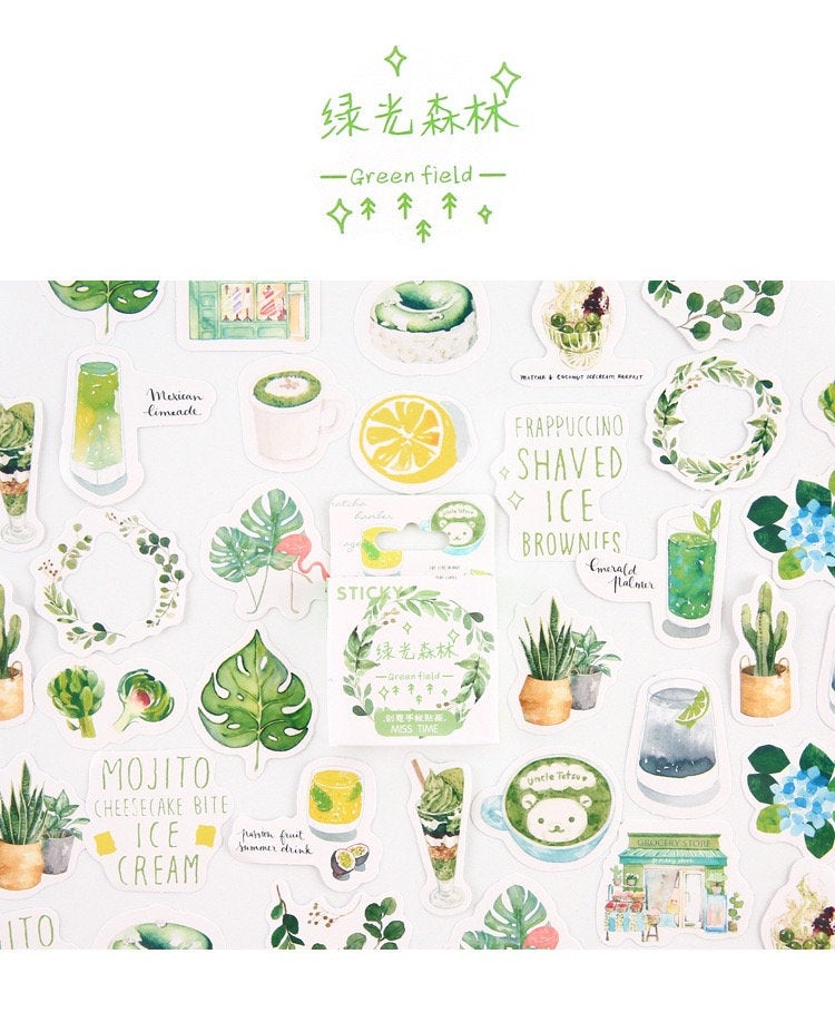 46 Pink Summer Drinks and Green Tropical Leaf  Paper Cute Stickers Set