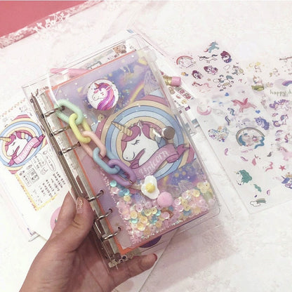 Pink Unicorn Journal Set with Shining Pe - A5 Loose Leaf Diary with Stickers and Accessories - PVC Cover notebooks - Pocket buckle notebooks