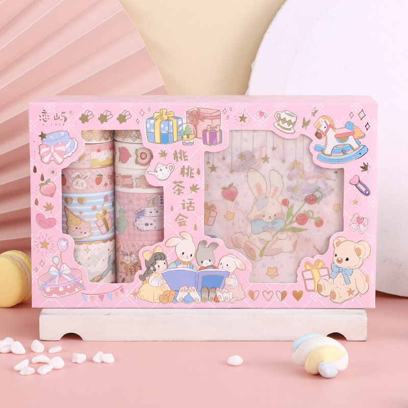 Peach Tea Party Washi Tape Set - 10 Rolls Washi Tape, 10 Stickers, Planner and more - Christmas Gift - Birthday Gift - Craft and DIY