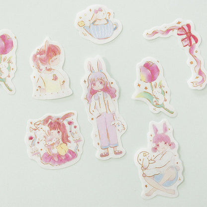 48 Cute Cat Girl with Gold Foil Stickers Set