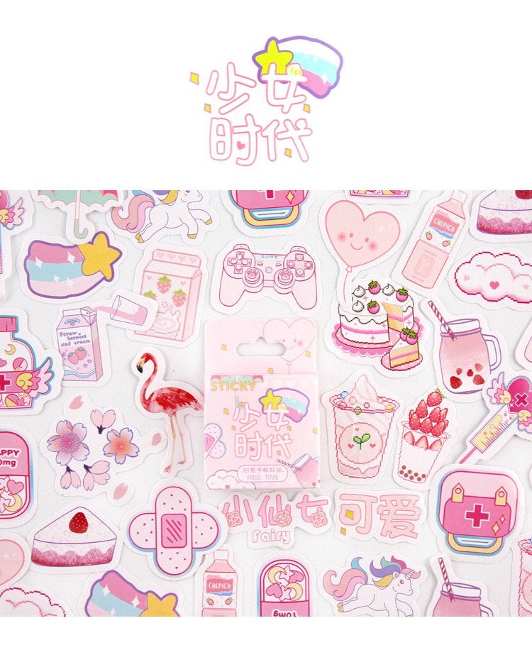 46 Pink Summer Drinks and Green Tropical Leaf  Paper Cute Stickers Set