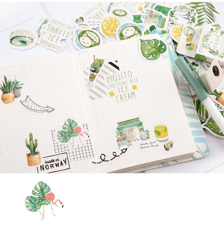 46 Pink Summer Drinks and Green Tropical Leaf  Paper Cute Stickers Set