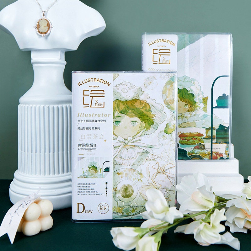 Cute Boy Tea Party Journal - A5 Diary Cute Green Notebooks - 256 Pages Crystal Transparent Cover with Gold Foil - Bullet Journal