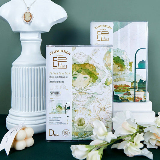 Cute Boy Tea Party Journal - A5 Diary Cute Green Notebooks - 256 Pages Crystal Transparent Cover with Gold Foil - Bullet Journal