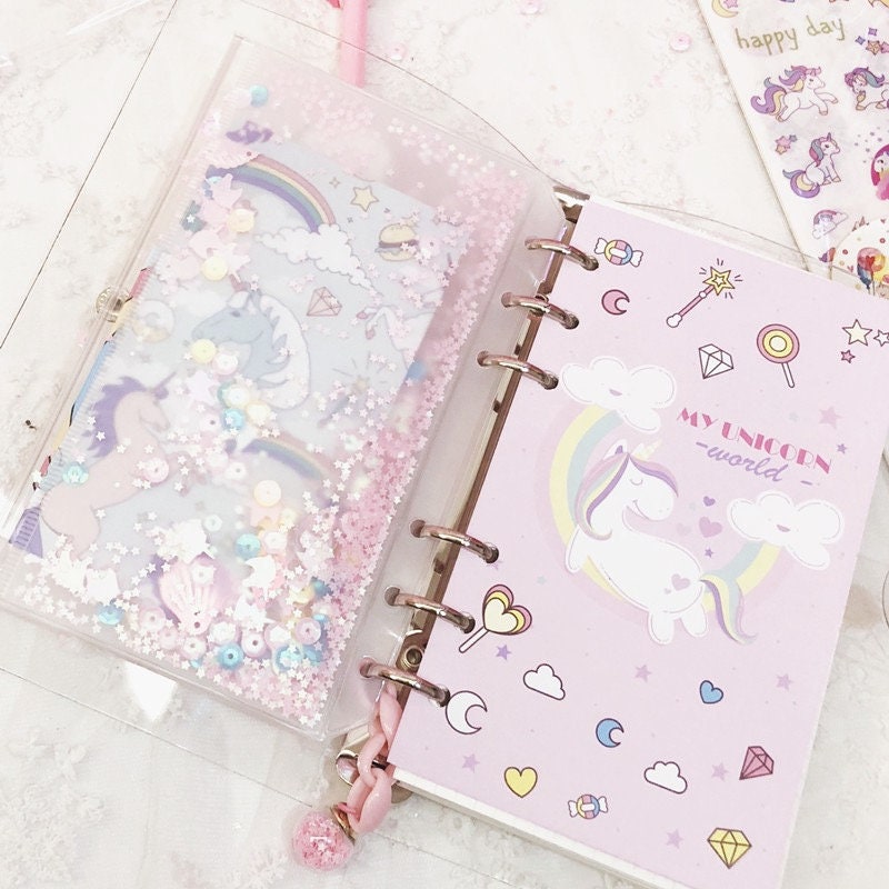 Pink Unicorn Journal Set with Shining Pe - A5 Loose Leaf Diary with Stickers and Accessories - PVC Cover notebooks - Pocket buckle notebooks