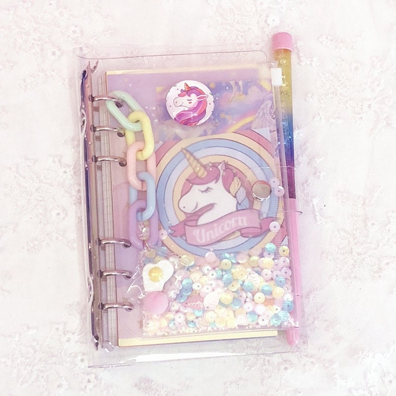 Pink Unicorn Journal Set with Shining Pe - A5 Loose Leaf Diary with Stickers and Accessories - PVC Cover notebooks - Pocket buckle notebooks