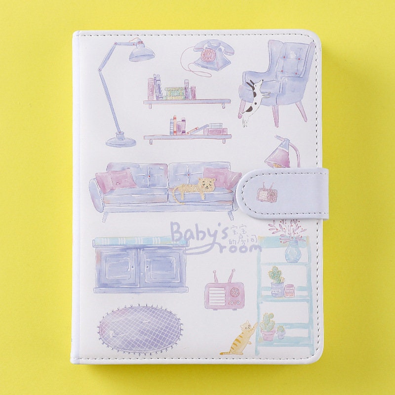 Cute Room Journal - 224 Pages Soft Leather Cover Planner- Purple and Blue A5 magnetic buckle notebooks  - Bullet Journal with lines