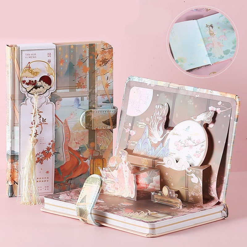 Ancient Asian Beauty Planner with Metal Bookmark and 3D Card - 224 Pages Hard Cover - A5 magnetic buckle Pink notebooks  - Bullet Journal