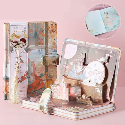 Ancient Asian Beauty Planner with Metal Bookmark and 3D Card - 224 Pages Hard Cover - A5 magnetic buckle Pink notebooks  - Bullet Journal