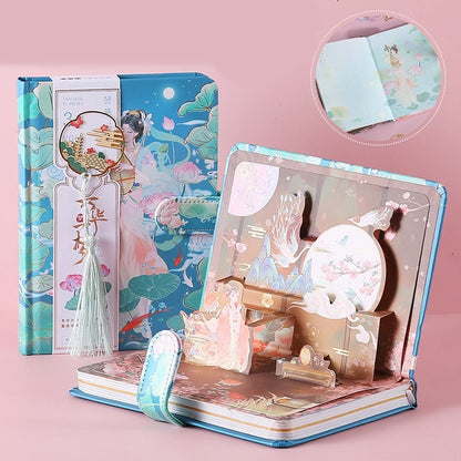 Ancient Asian Beauty Planner with Metal Bookmark and 3D Card - 224 Pages Hard Cover - A5 magnetic buckle Pink notebooks  - Bullet Journal