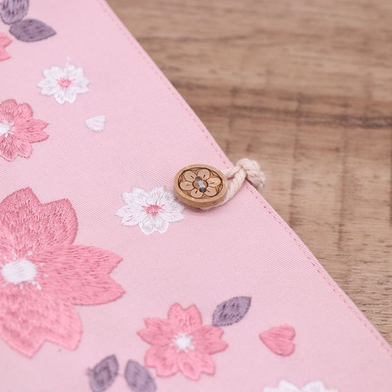 Embroid Pink Sakura Notebook- 180 Pages Loose Leaf A5 Cloth Cover Buckle Journal - Flower Planner- Bullet Journal - Craft DIY Stationery