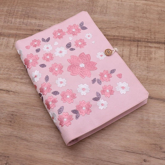 Embroid Pink Sakura Notebook- 180 Pages Loose Leaf A5 Cloth Cover Buckle Journal - Flower Planner- Bullet Journal - Craft DIY Stationery
