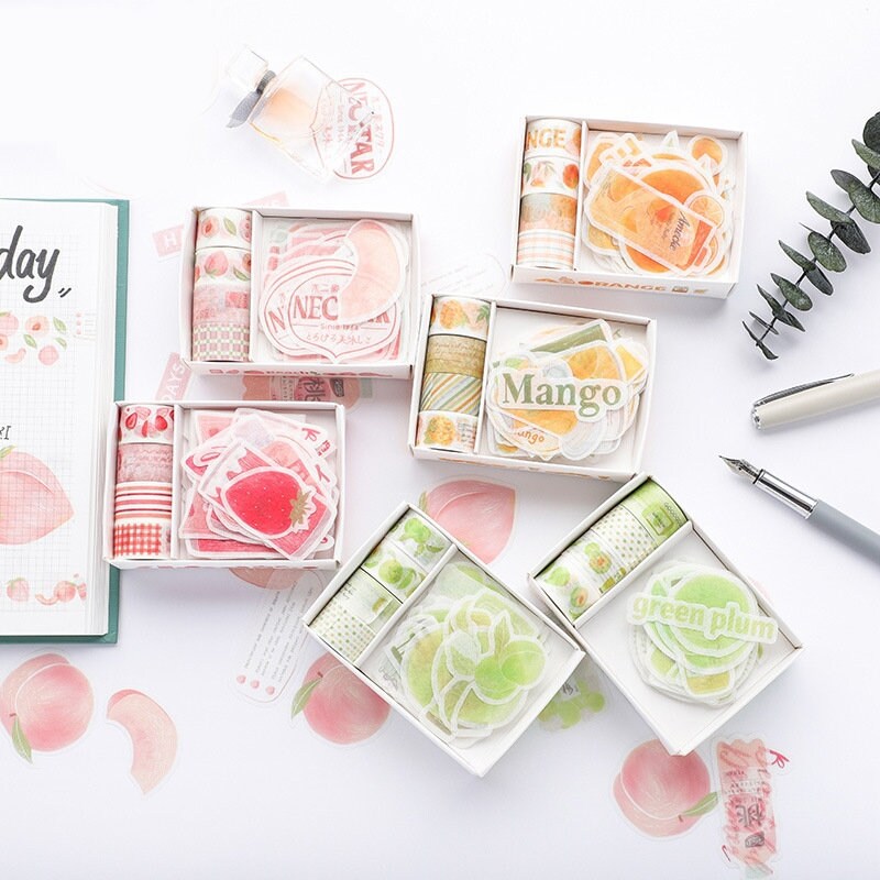Pink Peach Washi Tape and Sticker Set for Traveler Notebook, Journal, Scrapbook, Crafting, Photo
