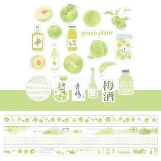 Greem Plum Washi Tape and Sticker Set for Traveler Notebook, Journal, Scrapbook, Crafting, Photo