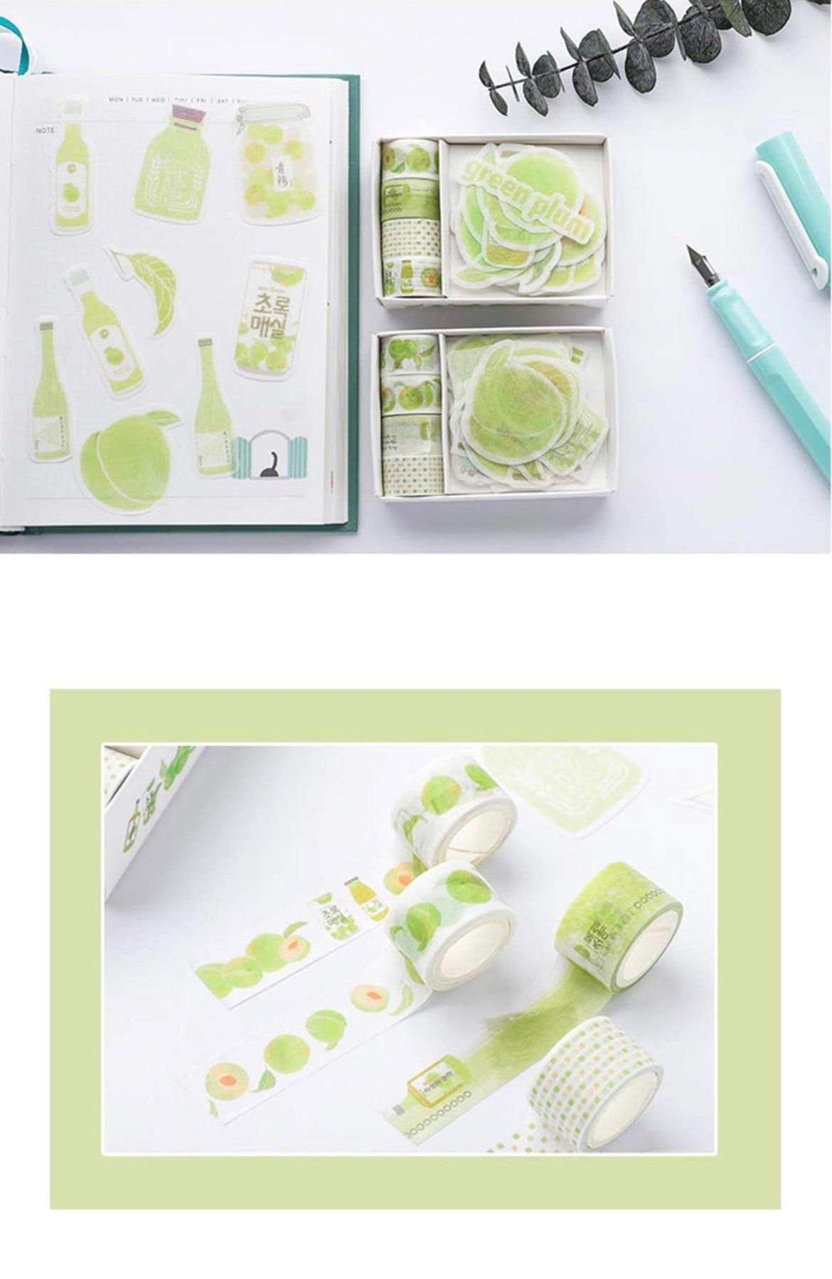 Greem Plum Washi Tape and Sticker Set for Traveler Notebook, Journal, Scrapbook, Crafting, Photo
