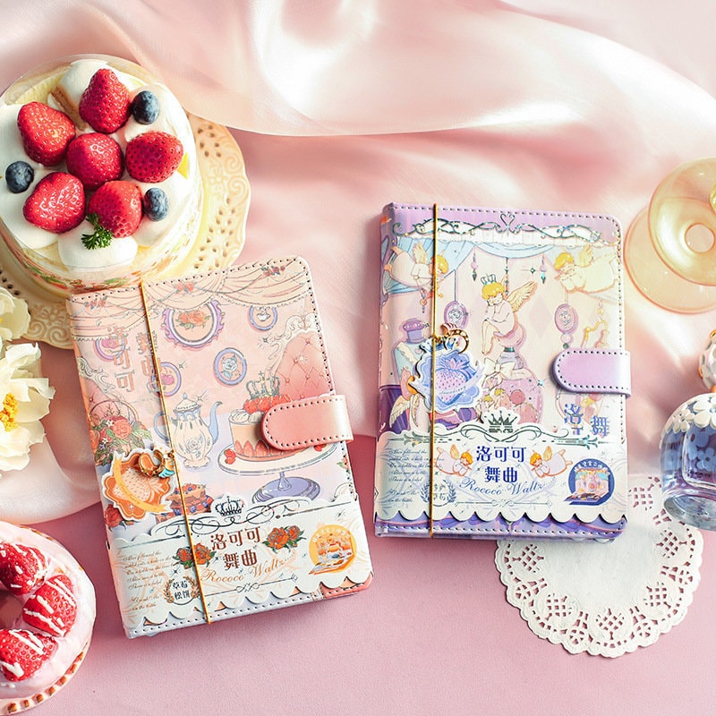 Rococo Waltz Planner with Metal Bookmark and 3D Card - 196 Pages Soft Leather Cover - A5 magnetic buckle Pink notebooks  - Bullet Journal