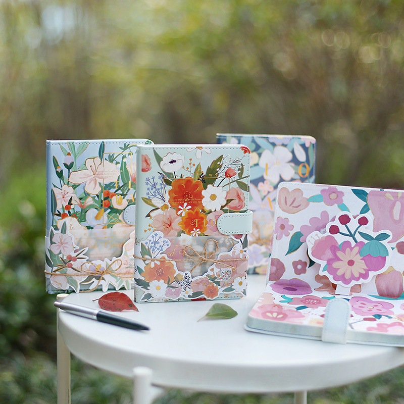 Flora Garden Planner with Designed 3D Card - 196 Pages Soft Leather Cover - A5 magnetic buckle Pink notebooks  - Bullet Journal