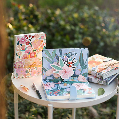 Flora Garden Planner with Designed 3D Card - 196 Pages Soft Leather Cover - A5 magnetic buckle Pink notebooks  - Bullet Journal