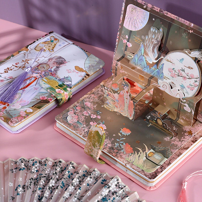 Ancient Asian Beauty Planner with Metal Bookmark and 3D Card - 224 Pages Hard Cover - A5 magnetic buckle Pink notebooks  - Bullet Journal