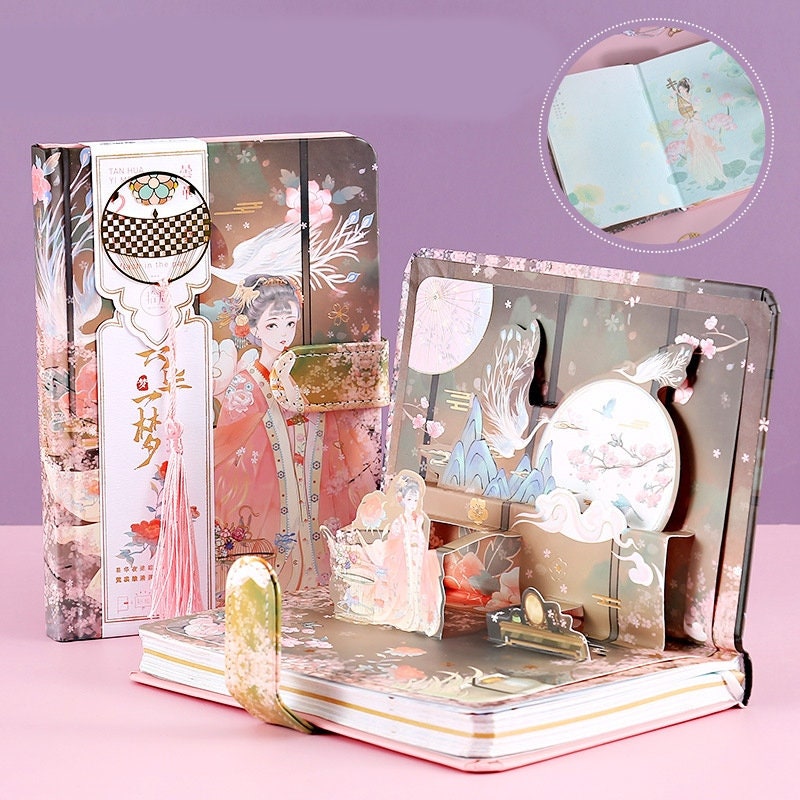Ancient Asian Beauty Planner with Metal Bookmark and 3D Card - 224 Pages Hard Cover - A5 magnetic buckle Pink notebooks  - Bullet Journal
