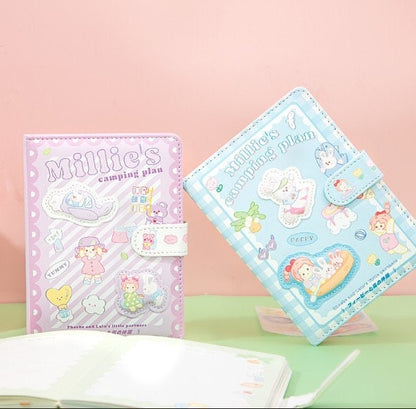 Millie's Camping Plan Notebook - Soft Leather Cover - A5 magnetic buckle - Bullet Journal - no lines no dots - Colorful page notebook