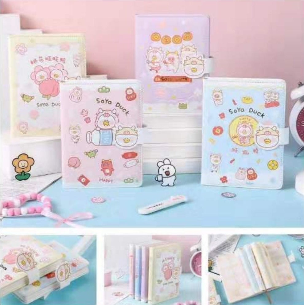 Soya Duck Notebook - 224 Pages Soft Leather Cover Planner- A5 magnetic buckle Notebooks  - Bullet Journal with lines or dots- Cute Notebook