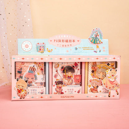 Cute Zodiac Notebook with Designed Pages-A6 224 Pages Soft Leather Cover-Constellation Star Sign Magnetic Buckle Notebooks  - Bullet Journal