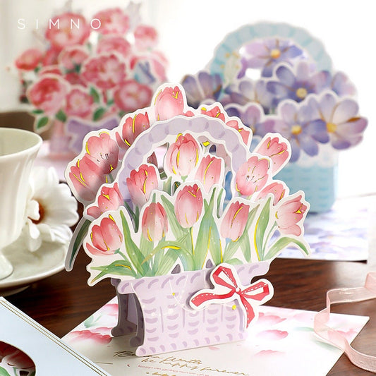 3D Pink Flower Gift Card - Rose Lily Tulip Calliopsis Pop Up Card -Greeting Cards, Card for Mum, Card for Wife, Christmas Anniversary Card