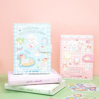 Millie's Camping Plan Notebook - Soft Leather Cover - A5 magnetic buckle - Bullet Journal - no lines no dots - Colorful page notebook