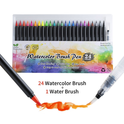 Watercolor Brush Pens 24 Vibrant Markers Pre-Filled Color Precision Soft Nylon Brush Tips Ideal for Coloring, Calligraphy, Painting, Drawing