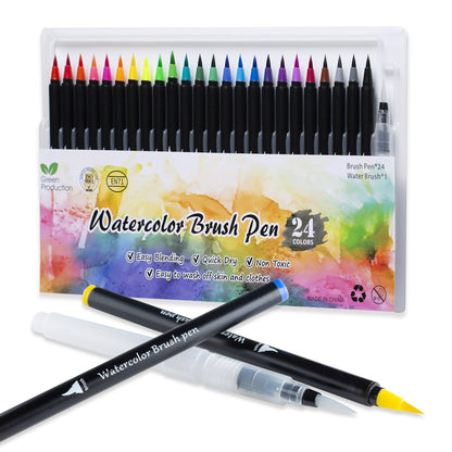 Watercolor Brush Pens 24 Vibrant Markers Pre-Filled Color Precision Soft Nylon Brush Tips Ideal for Coloring, Calligraphy, Painting, Drawing