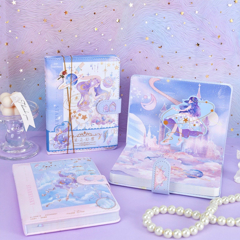 Starry Fantasy Notebook with Metal Bookmark -224 Pages A5 magnetic buckle Fairy Notebooks Soft Leather Cover - Bullet Journal DIY Planner