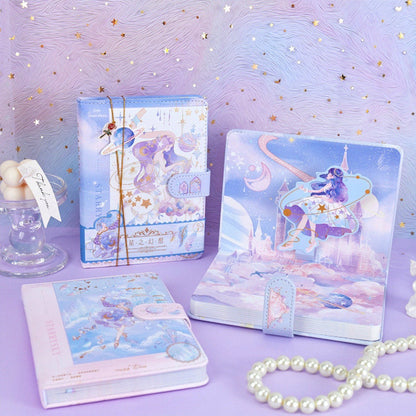 Starry Fantasy Notebook with Metal Bookmark -224 Pages A5 magnetic buckle Fairy Notebooks Soft Leather Cover - Bullet Journal DIY Planner