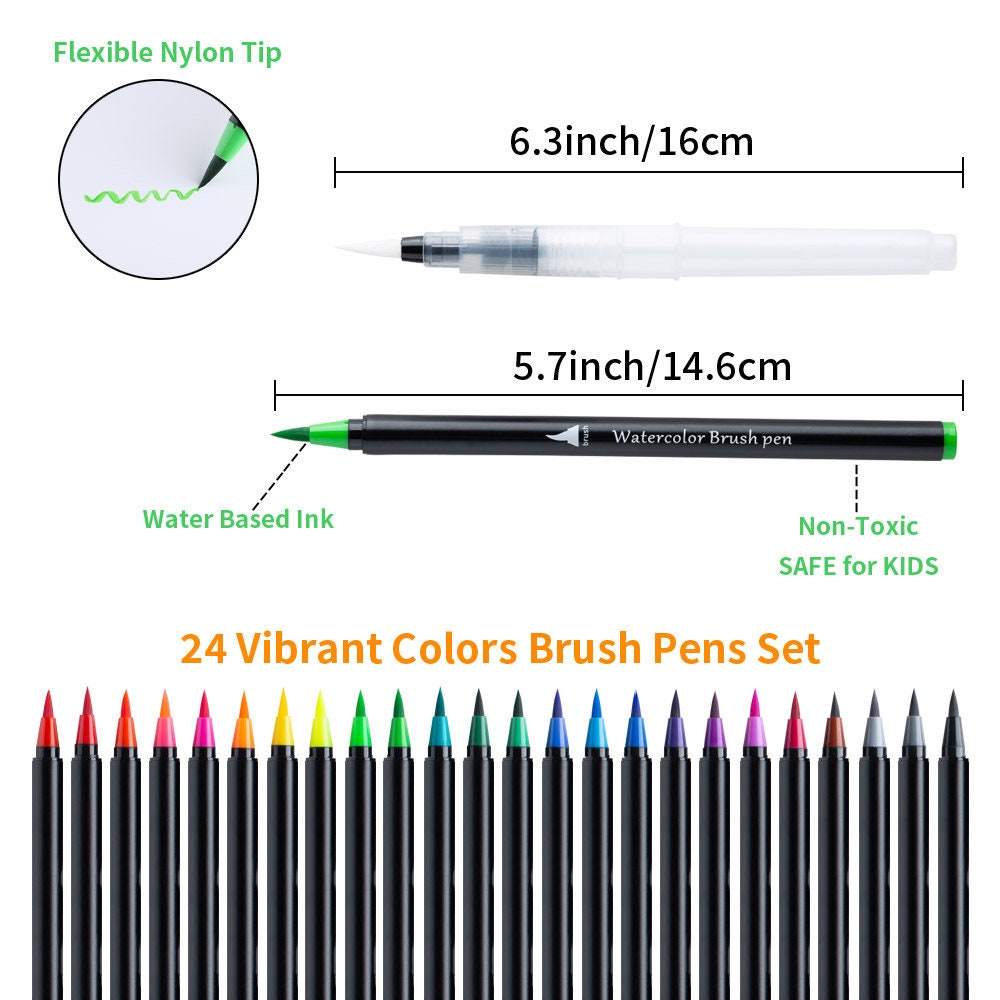 Watercolor Brush Pens 24 Vibrant Markers Pre-Filled Color Precision Soft Nylon Brush Tips Ideal for Coloring, Calligraphy, Painting, Drawing