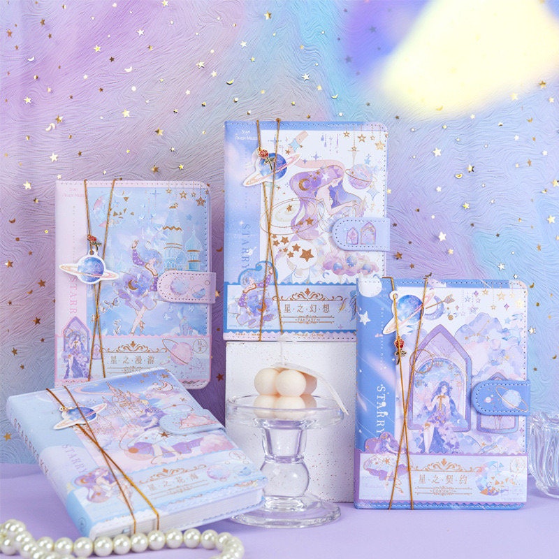 Starry Fantasy Notebook with Metal Bookmark -224 Pages A5 magnetic buckle Fairy Notebooks Soft Leather Cover - Bullet Journal DIY Planner