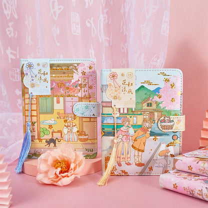 Cherry Blossom Festival Planner with Bookmark and 3D Page -224 Pages Soft Leather Cover - A5 magnetic buckle notebooks  - Bullet Journal